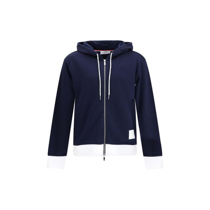Thom Browne Blue Cotton Sweatshirt with adjustable hood, zipper, and contrasting cuffs, featuring signature brand patch, 100% cotton.