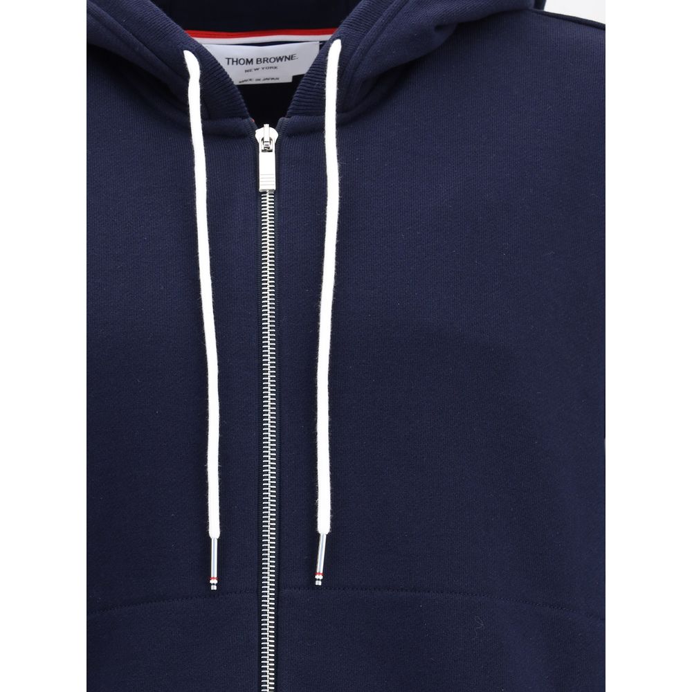 Thom Browne Blue Cotton Sweatshirt with drawstring hood and zipper, showcasing front patch and contrasting cuffs.