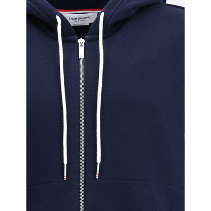 Thom Browne Blue Cotton Sweatshirt with drawstring hood and zipper, showcasing front patch and contrasting cuffs.