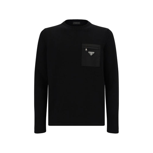Prada Black Fleece Wool Sweatshirt with ribbed neck, zipper pocket and brand logo