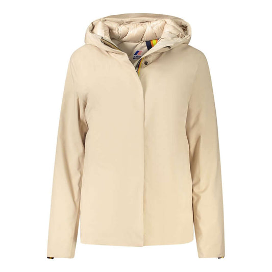 K-WAY Beige Polyester Jackets & Coat with hood, double padding, pockets, contrasting details, buttons, and zip, featuring logo.
