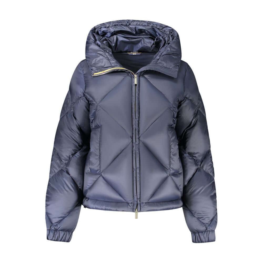 K-WAY Blue Polyester Jackets & Coat with hood, long sleeves, contrasting details, and multiple pockets.