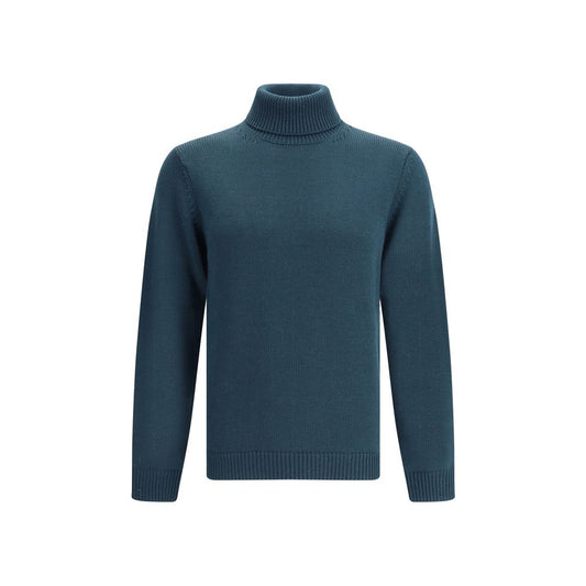 Roberto Collina Green Merino Wool Turtleneck featuring ribbed collar, hem, and cuffs; a versatile sweater for smart or casual looks.