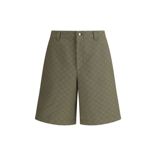 Gucci Green Cotton Bermuda Shorts with GG pattern, front zipper, button closure, and belt loops in a versatile silhouette, AW25, Made in Italy.