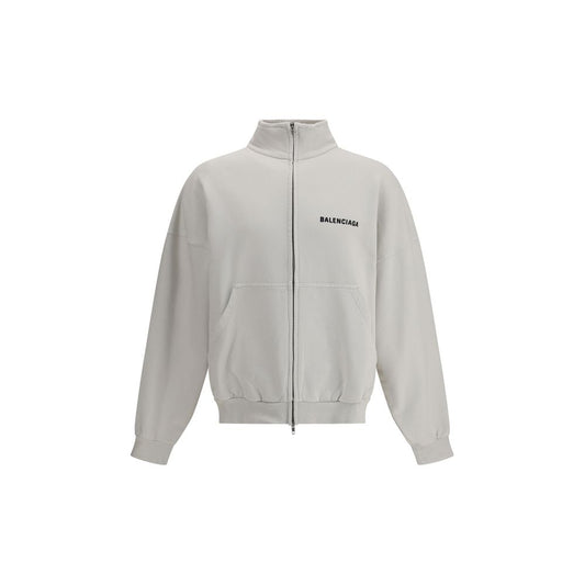 Balenciaga White Cotton Sweatshirt with logo and patch pockets, worn effect, hem and cuffs detail, showcasing contemporary style.