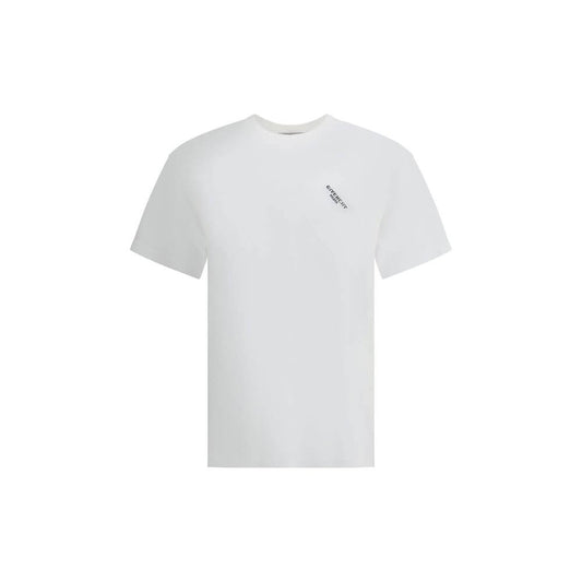 Givenchy Logo T-Shirt in white with angled logo on front, ribbed crew neck, 100% cotton, modern and comfortable design.