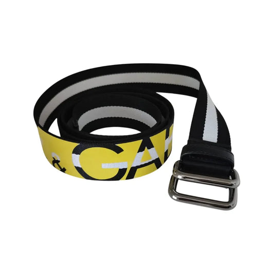 Dolce & Gabbana Black Yellow Logo Striped Metal Buckle Belt 100 cm / 40 Inches,105 cm / 42 Inches,110 cm / 44 Inches,1728,67345645728,90 cm / 36 Inches,95 cm / 38 Inches,Accessories,Belts - Men - Accessories,Black,Dolce & Gabbana,Material: 100% Nylon,Men,