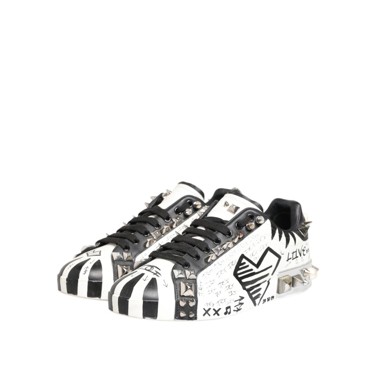 Dolce & Gabbana White Studded Printed Low Top Sneakers Shoes