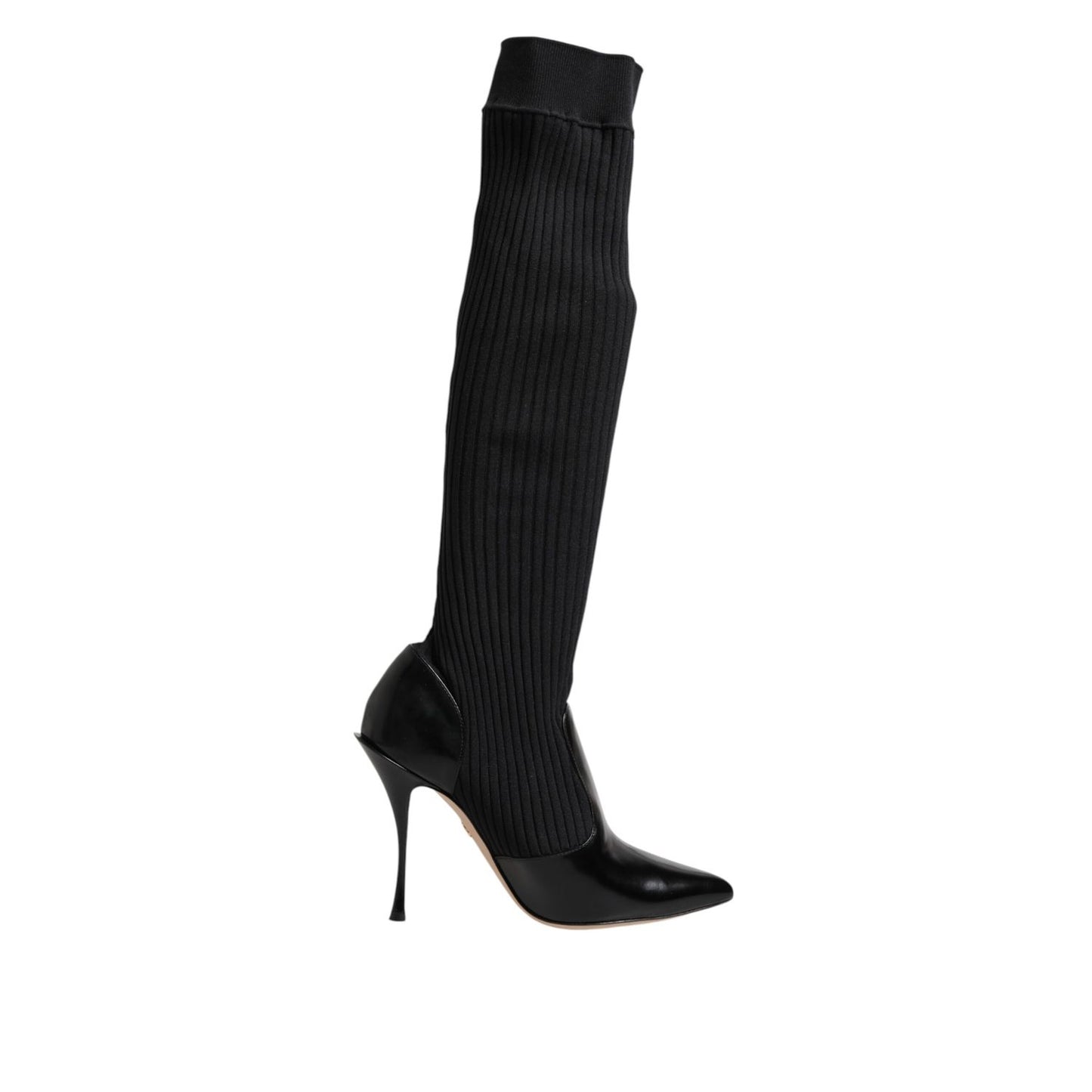 Dolce & Gabbana Black Leather Ribbed Knit Knee Boots Shoes