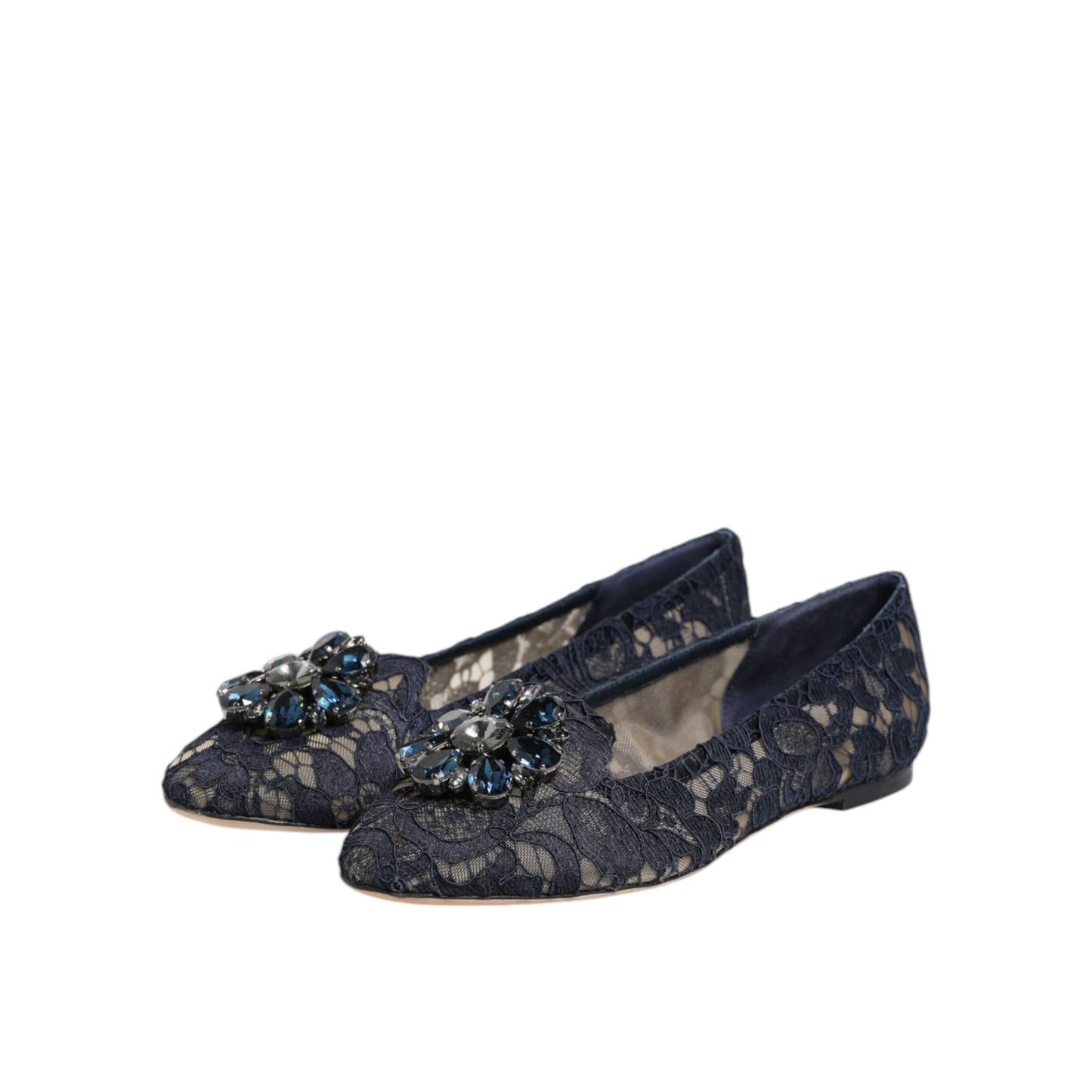 Dolce & Gabbana Blue Taormina Lace Crystals Flats Shoes