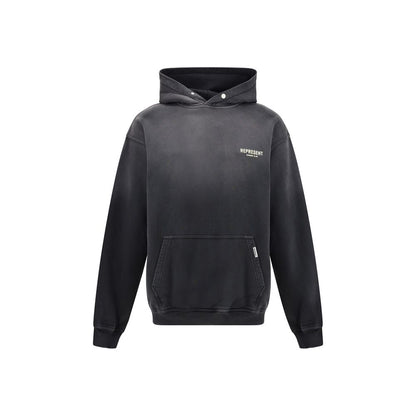 Represent Black Cotton Sweatshirt with adjustable hood and kangaroo pocket. Ribbed cuffs and distinctive monogram on front.