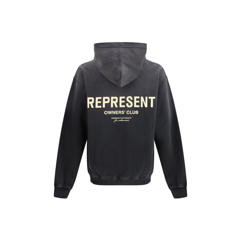 Rear view of Represent Black Cotton Sweatshirt with "Owners Club" print, showcasing adjustable hood and ribbed cuffs for comfort.