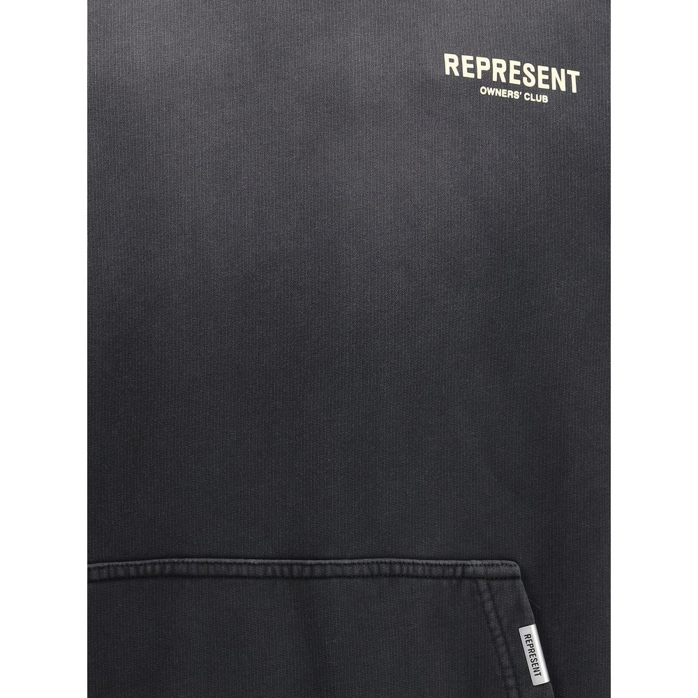 Represent Black Cotton Sweatshirt with contrast monogram, adjustable hood, ribbed cuffs, and kangaroo pocket for streetwear style.