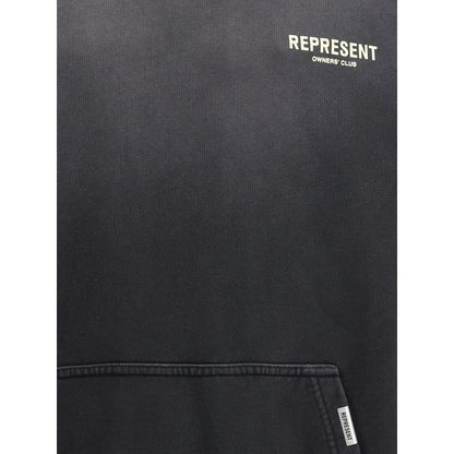 Represent Black Cotton Sweatshirt with contrast monogram, adjustable hood, ribbed cuffs, and kangaroo pocket for streetwear style.