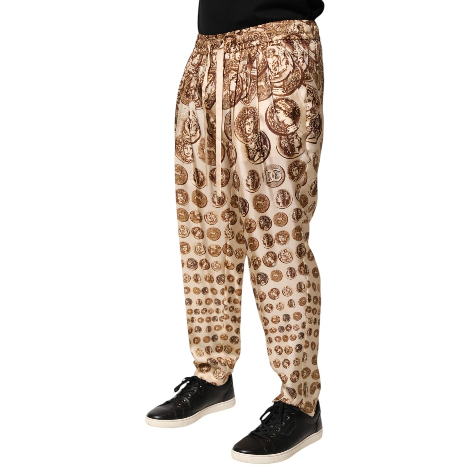Dolce & Gabbana Beige Coin Print Silk Twill Men Jogger Pants