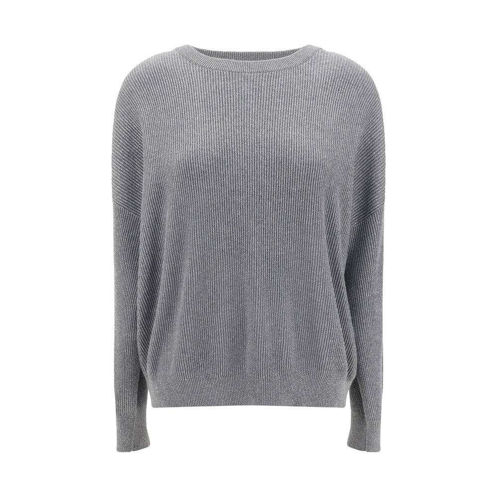 Brunello Cucinelli Gray Cotton Sweatshirt with ribbed texture and silver thread detailing for elegant styling, ideal for AW25 season.