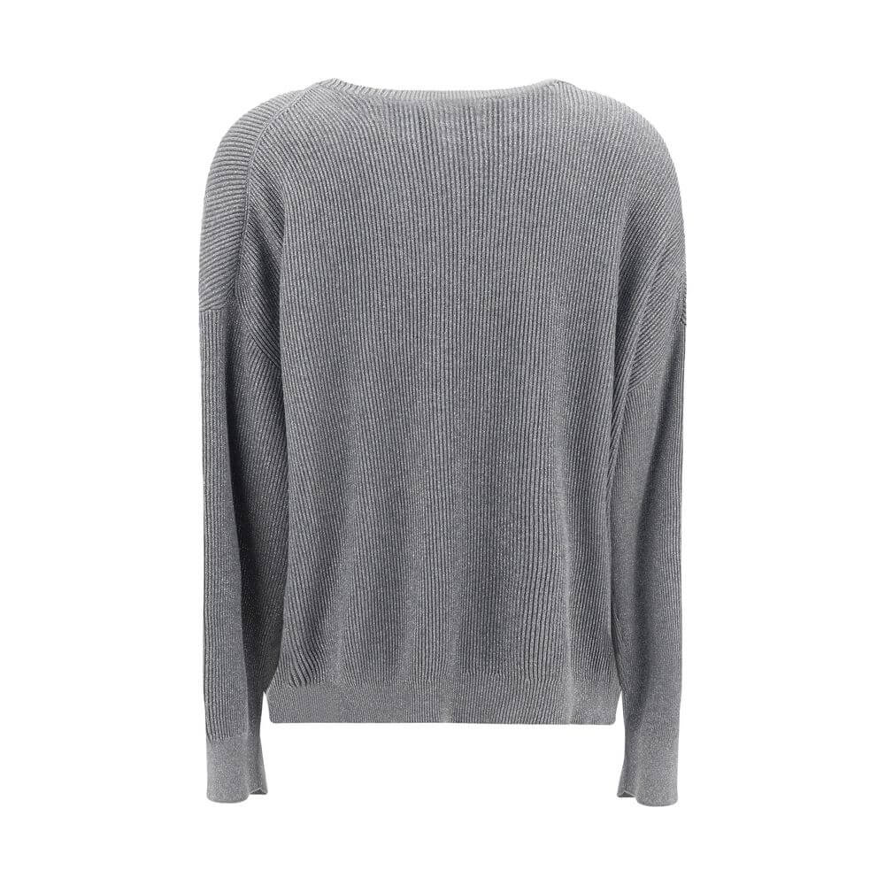 Back view of Brunello Cucinelli Gray Cotton Sweatshirt showcasing ribbed texture and elegant design.