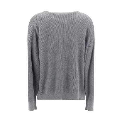 Back view of Brunello Cucinelli Gray Cotton Sweatshirt showcasing ribbed texture and elegant design.