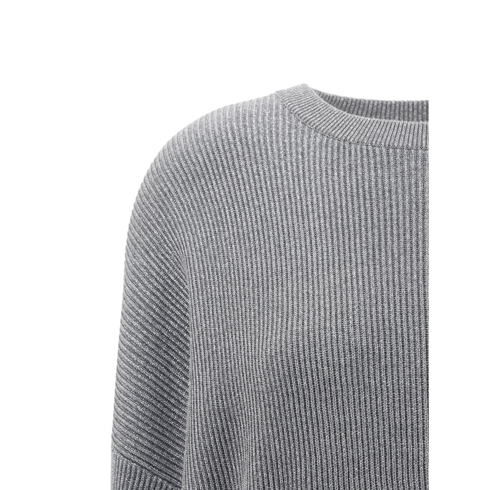 Brunello Cucinelli Gray Cotton Sweatshirt with ribbed texture and silver thread detailing for elegant style.