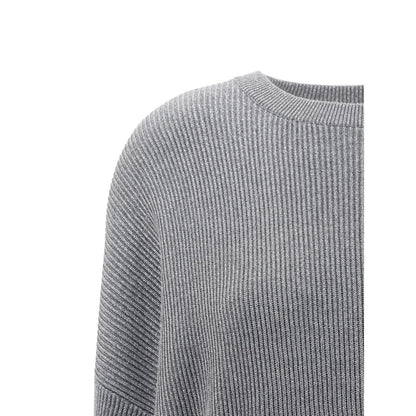 Brunello Cucinelli Gray Cotton Sweatshirt with ribbed texture and silver thread detailing for elegant style.