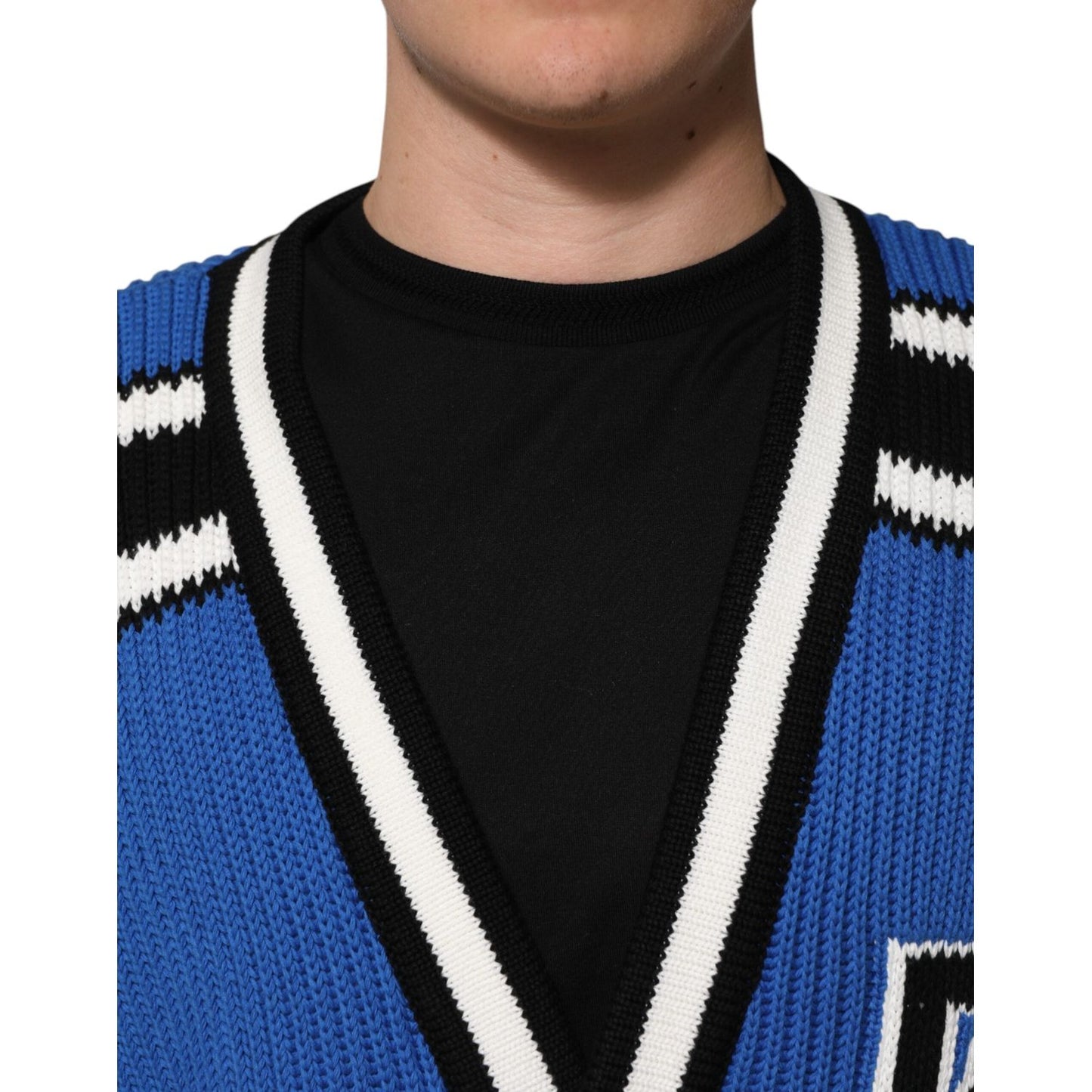 Dolce & Gabbana Blue Cotton Logo Patch Ribbed Knit Cardigan Sweater TSH90589-L