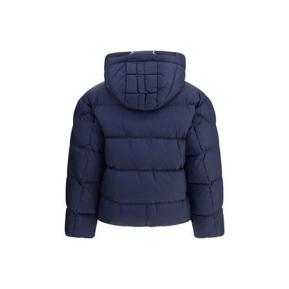 Rear view of Parajumpers Blue Nylon Full-Length Jacket with hood, showcasing quilted design and adjustable features.