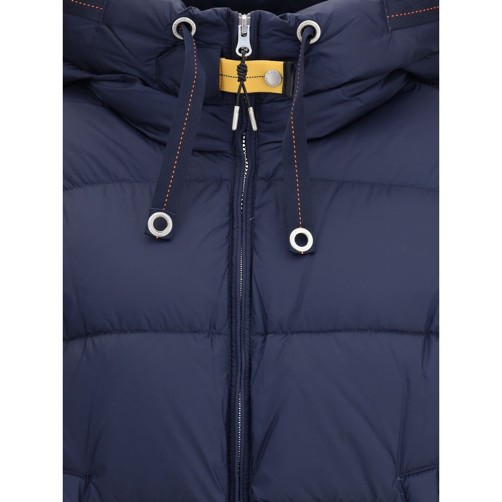 Close-up of Parajumpers Blue Nylon Full-Length Jacket with adjustable hood and double-slider zipper closure.