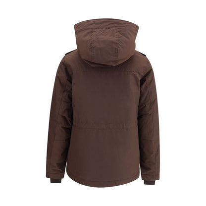Back view of Woolrich Brown Cotton Full-Length Jacket with hood, ideal for cold seasons, featuring front welt pockets and secure closure.