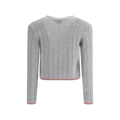 Thom Browne Gray Fleece Wool Cardigan with ribbed design and iconic colored bands, cropped style, back view.