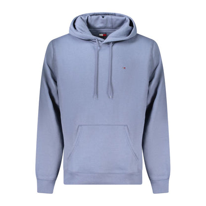 Tommy Hilfiger Blue Cotton Men Sweater with hood and central pocket, showcasing embroidered logo and sustainable cotton blend.