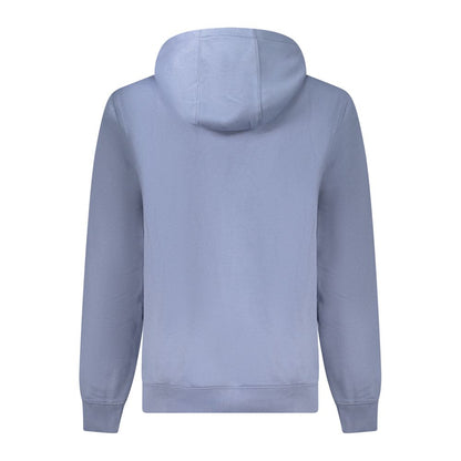 Back view of Tommy Hilfiger Blue Cotton Men Sweater with hood and ribbed cuffs, showcasing casual style and sustainable fabric blend.