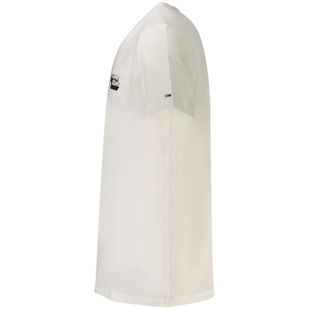 Side view of Tommy Hilfiger White Cotton Men T-Shirt showcasing logo and short sleeves, highlighting sustainable fashion.