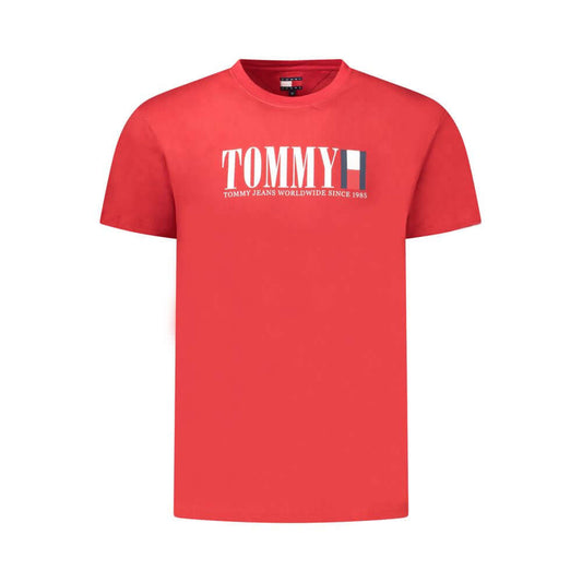 Tommy Hilfiger Red Cotton Men T-Shirt with logo, crew-neck style, made from 95% regenerative cotton for a sustainable fashion choice.
