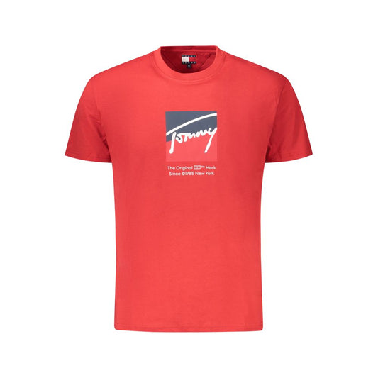 Tommy Hilfiger Red Cotton Men T-Shirt with bold logo and sustainable fabric design.