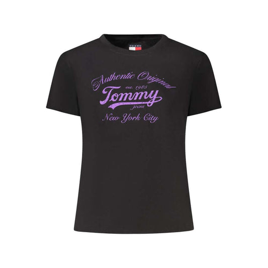 Tommy Hilfiger Black Cotton Women T-Shirt with purple logo print, short sleeves, eco-friendly fabric blend, ideal for casual styling