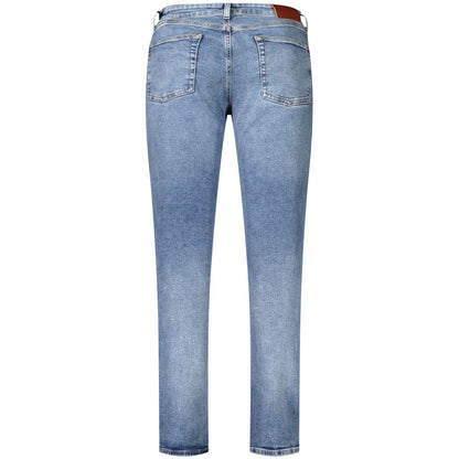 Tommy Hilfiger Blue Cotton Men's Slim Jeans with washed effect, showcasing back view and embroidery detail for a vintage style.