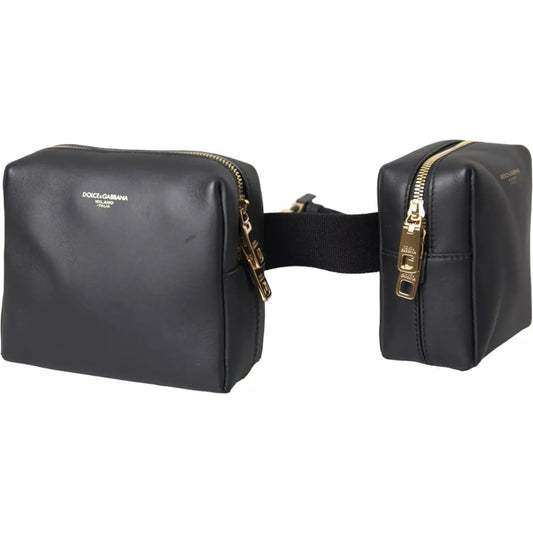 Dolce & Gabbana Black Calfskin Leather Double Waist Belt Fanny Pack Bag 1728,67345645728,Bags,Bags - Men - Bags,Black,Dolce & Gabbana,Material: 100% Calf Leather,Men,Men - Bags,Preowned / Defect BAG4670