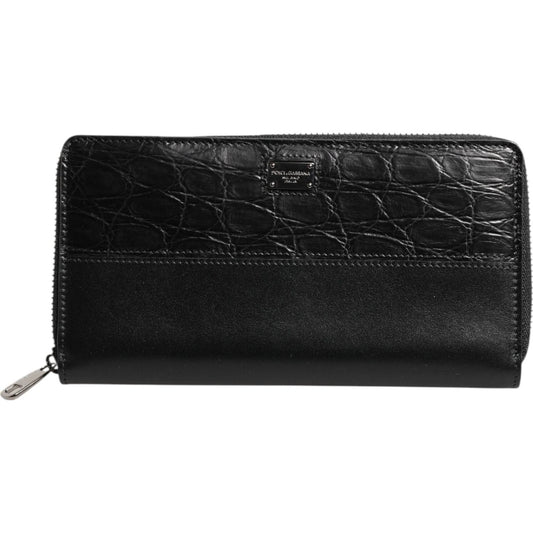 Dolce & Gabbana Black Leather DG Plaque Zip Around Continental Wallet 1728,67345645728,Bags,Black,Dolce & Gabbana,Material: 80% Calf Leather 20% Caiman,Men,Men - Bags,Preowned / Defect,Wallets - Men - Bags BAG4701