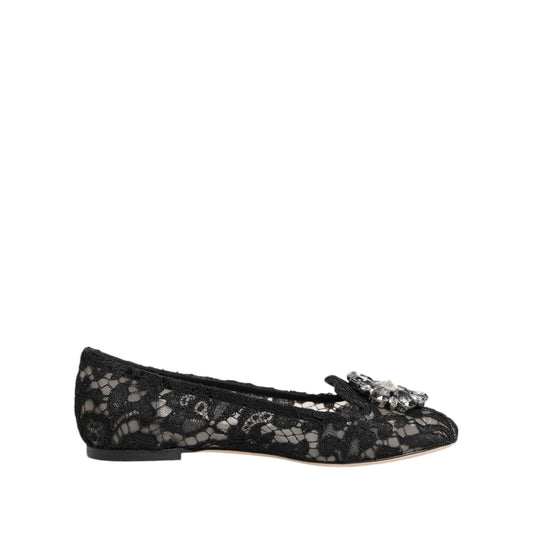 Dolce & Gabbana Black Taormina Lace Crystals Flats Shoes LA12787-35.5