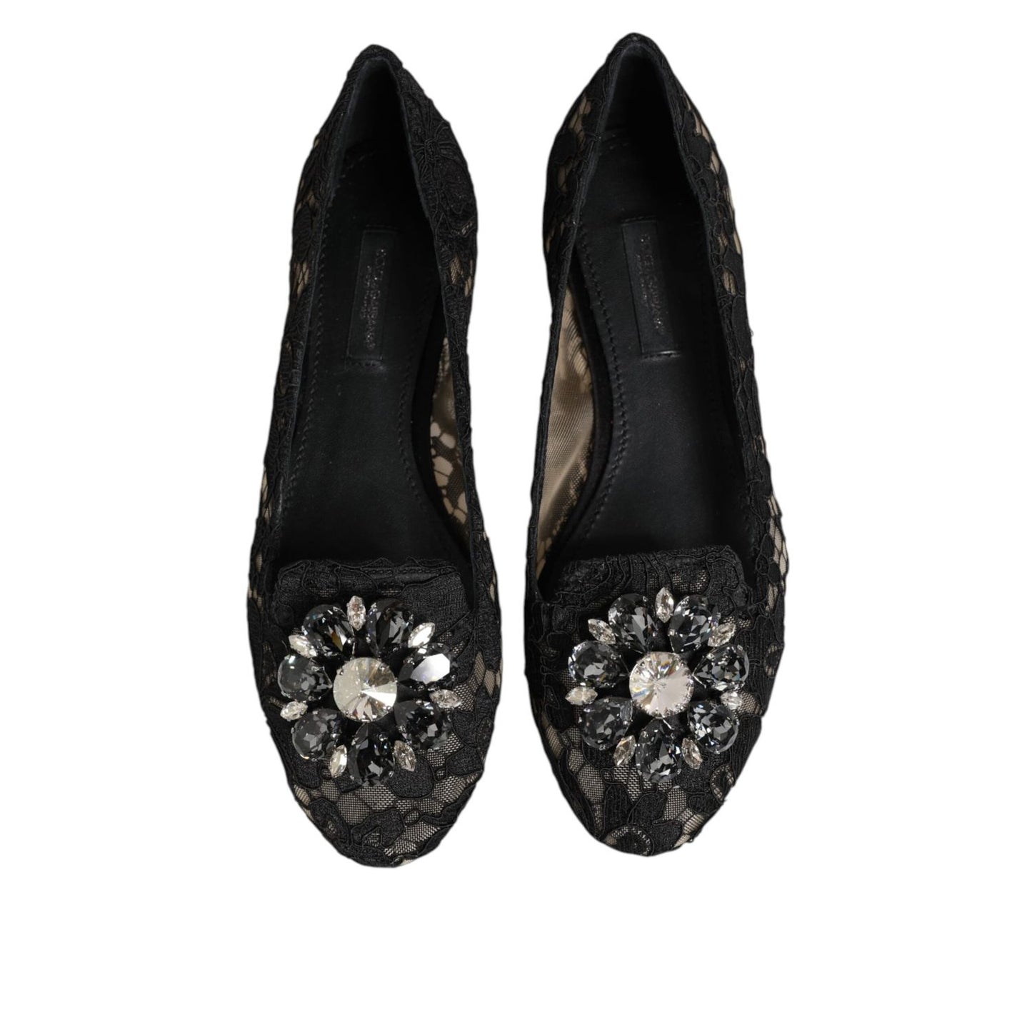 Dolce & Gabbana Black Taormina Lace Crystals Flats Shoes