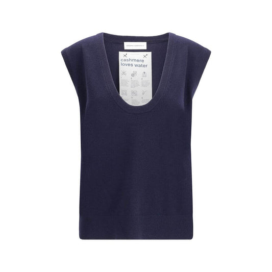 Extreme Cashmere Blue Cashmere Sleeveles Sweater with ribbed neckline and hem, perfect for layering, made of Kashmir, Polyamide, Spandex.
