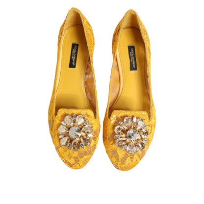 Dolce & Gabbana Yellow Taormina Lace Crystals Flats Shoes