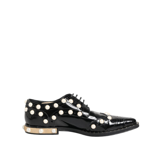 Dolce & Gabbana Black Leather Faux Pearl Dress Broque Shoes LA12823-39