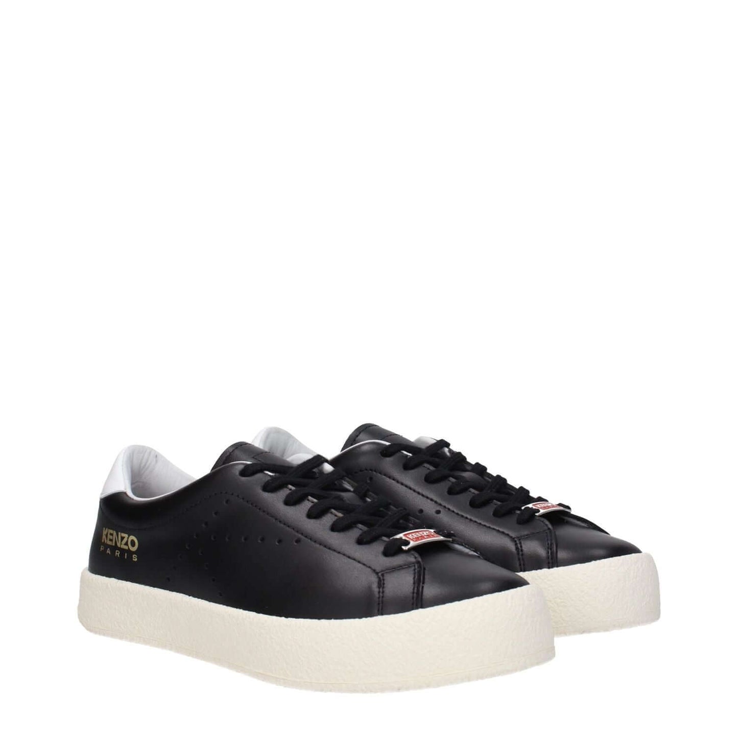 Kenzo Black Leather Low Top Sneakers with logos and lace-up design, sporty glam style, round toe, rubber sole, and flat heel.
