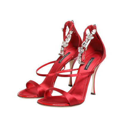 Dolce & Gabbana Red Satin Crystals Keira Sandals Heels Shoes