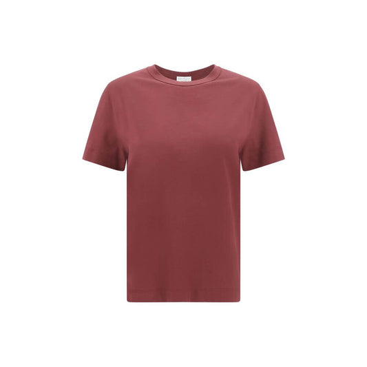 Brunello Cucinelli Bordeaux Cotton T-Shirt with ribbed crew neck and jewel detail for luxury style.