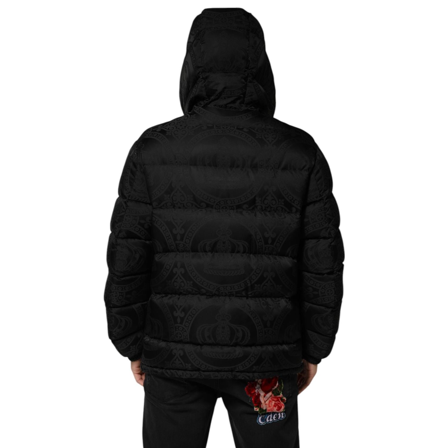 Dolce & Gabbana Black Jacquard Quilted Puffer Hooded Jacket