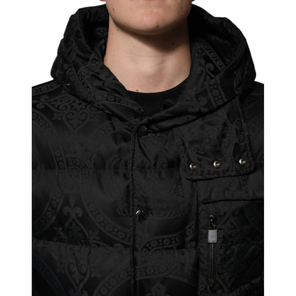 Dolce & Gabbana Black Jacquard Quilted Puffer Hooded Jacket