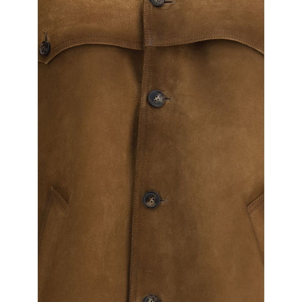 Close-up of Prada Brown Leather Jacket with suede texture, button closure, and welt pockets showcasing elegant design. AW25 collection.