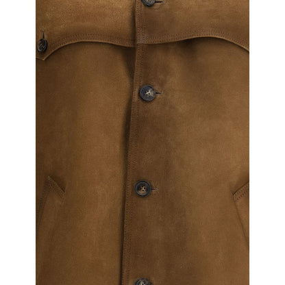 Close-up of Prada Brown Leather Jacket with suede texture, button closure, and welt pockets showcasing elegant design. AW25 collection.